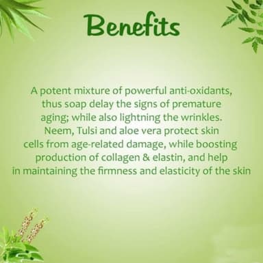 Neem is known for its antibacterial and antifungal properties, helping to fight acne and skin infections. Aloe vera provides moisturization and soothes the skin, while tulsi is known for its anti-inflammatory and antioxidant benefits.
